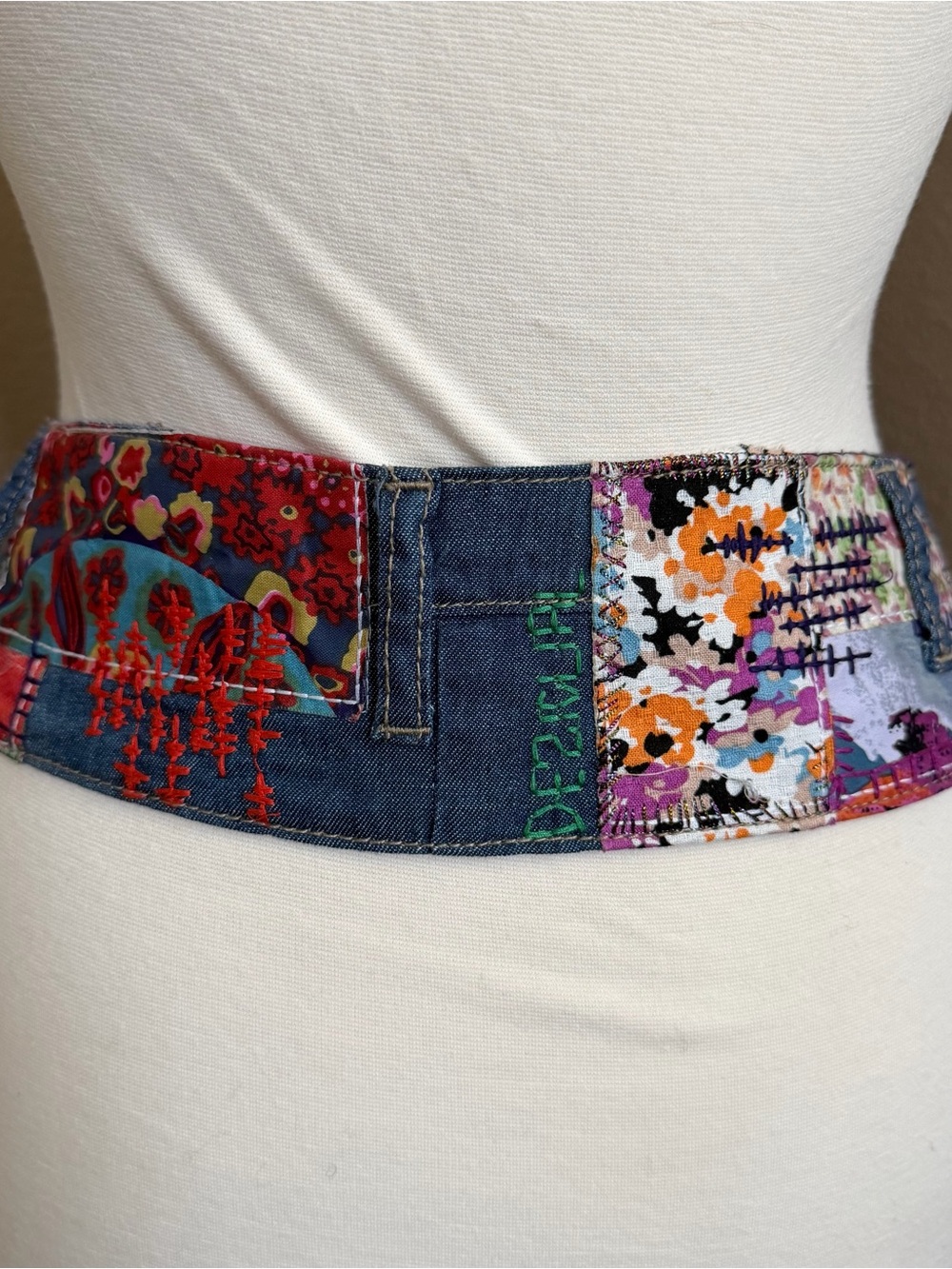 Handmade Boho Patchwork Denim Belt Art Ribbon Lace Up Festival OOAK - Picture 6 of 15